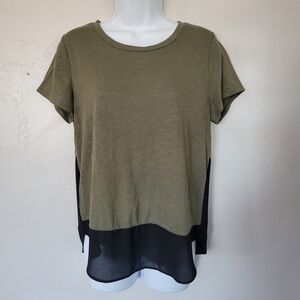 Express Women's Small Short Sleeve Blouse Top Olive Green Black Chiffon Trim